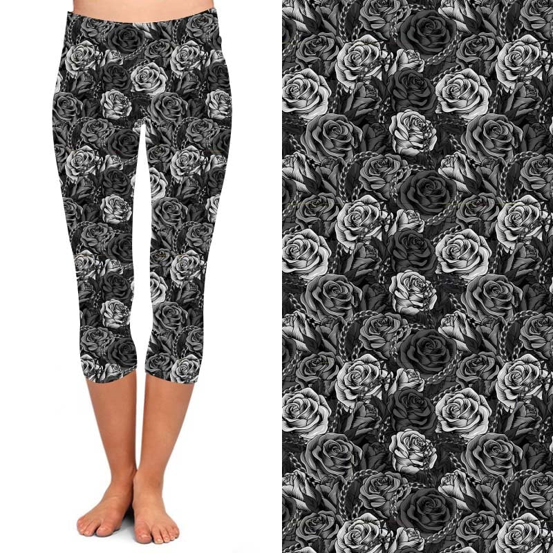 BLACK AND GRAY FLORAL LEGGING CAPRIS