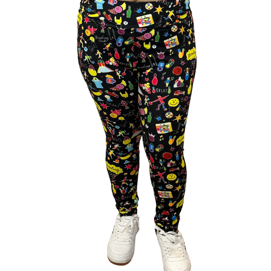 WOMAN WEARING BOWLING THEME LEGGINGS